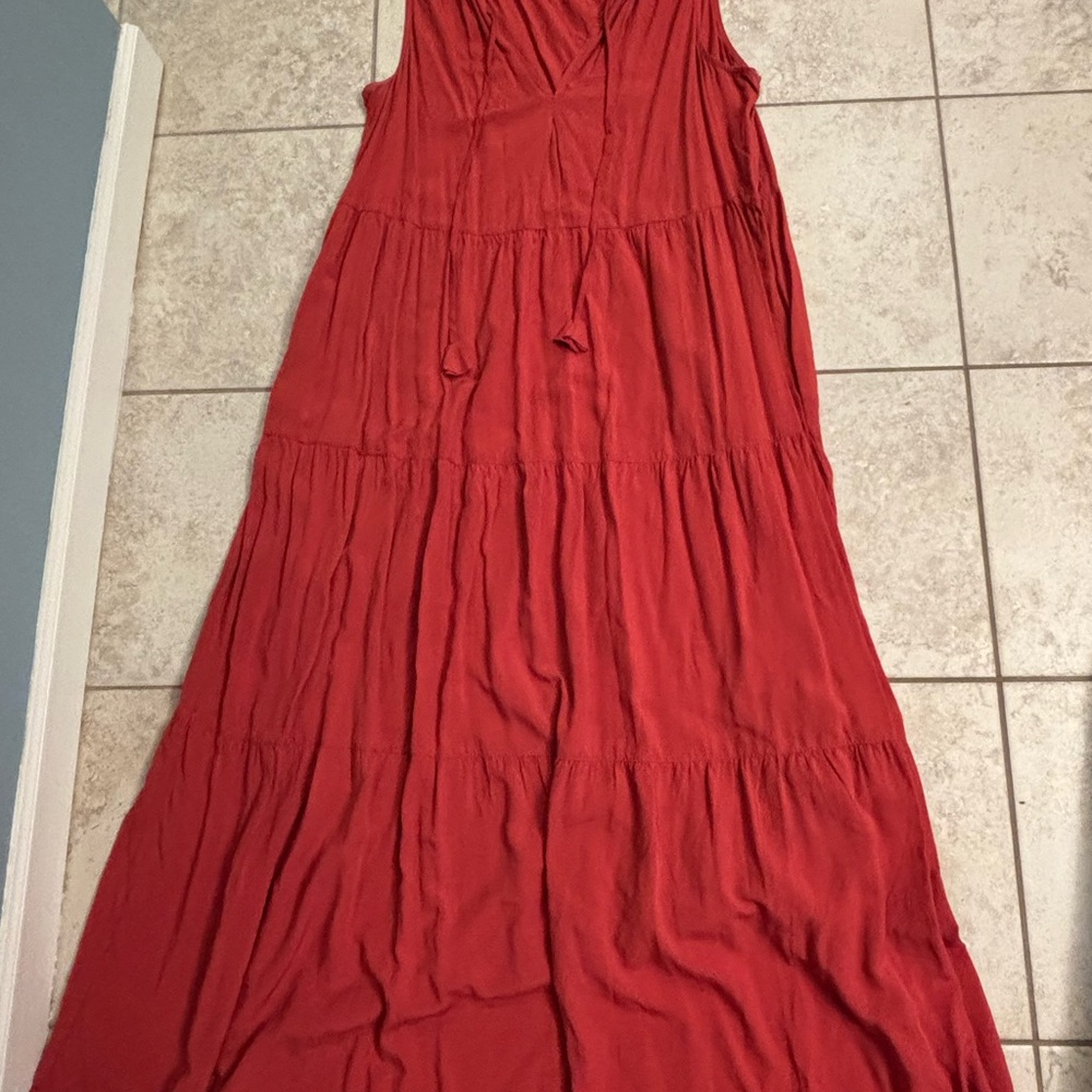 Max Studio Red Ruched V-Neck Sundress